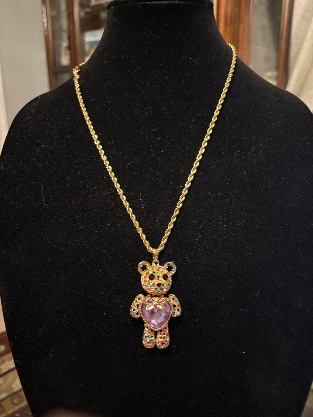 Gold-Tone Crystal Teddy Bear Pendant Necklace With Pink Rhinestone Belly